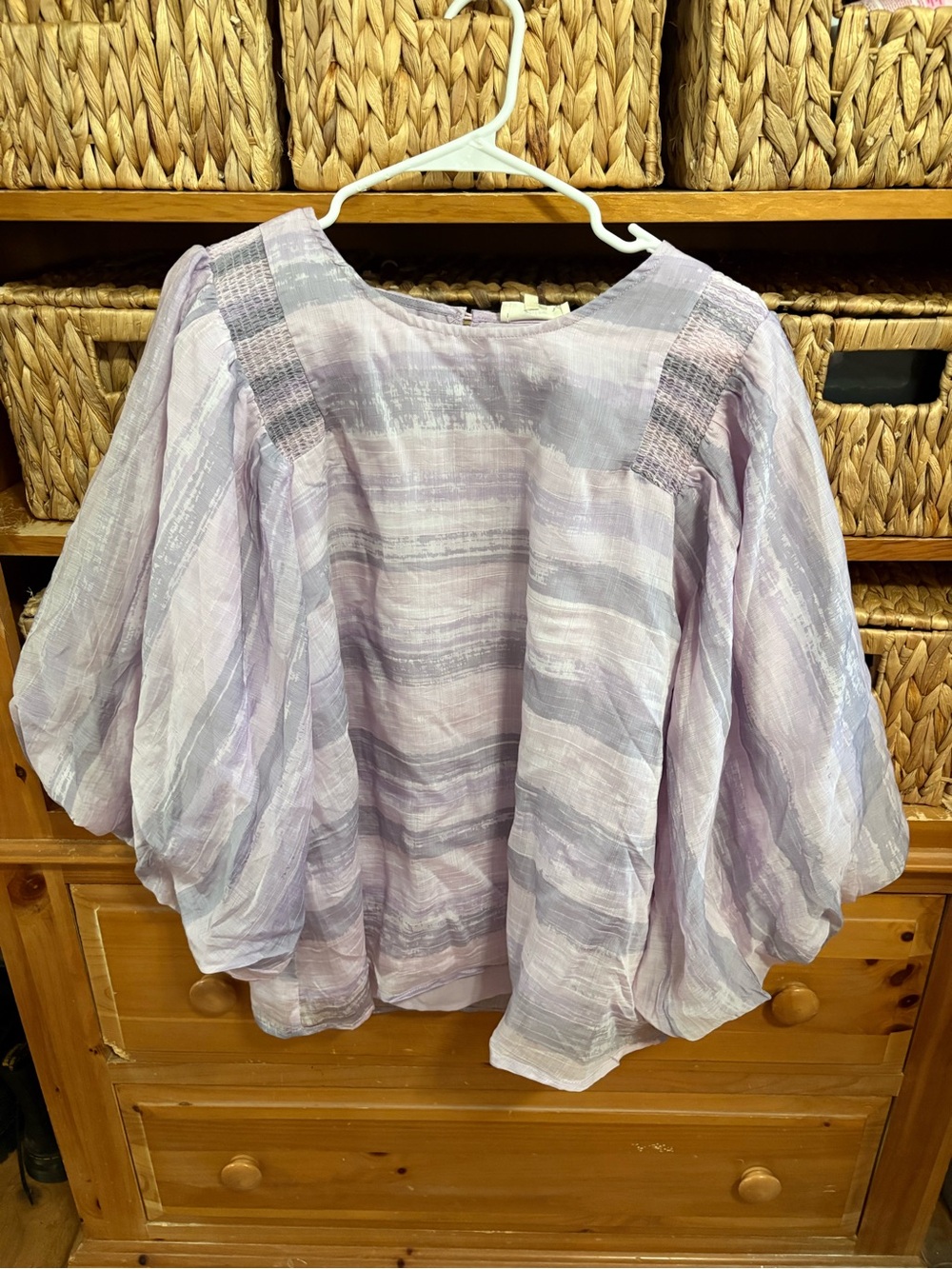 entry Light Lavender Striped Balloon-Sleeve Women's Top